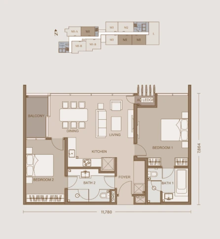 111 Menerung Bangsar Type M1 floor plan, 2 bedrooms 2 bathrooms, 1,001 sq ft