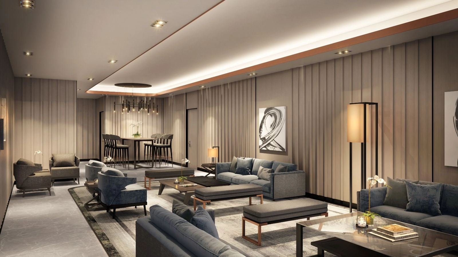 111 Menerung clubhouse lounge interior with dining area and lounge seating, marble flooring and timber panelling in Bangsar, Kuala Lumpur