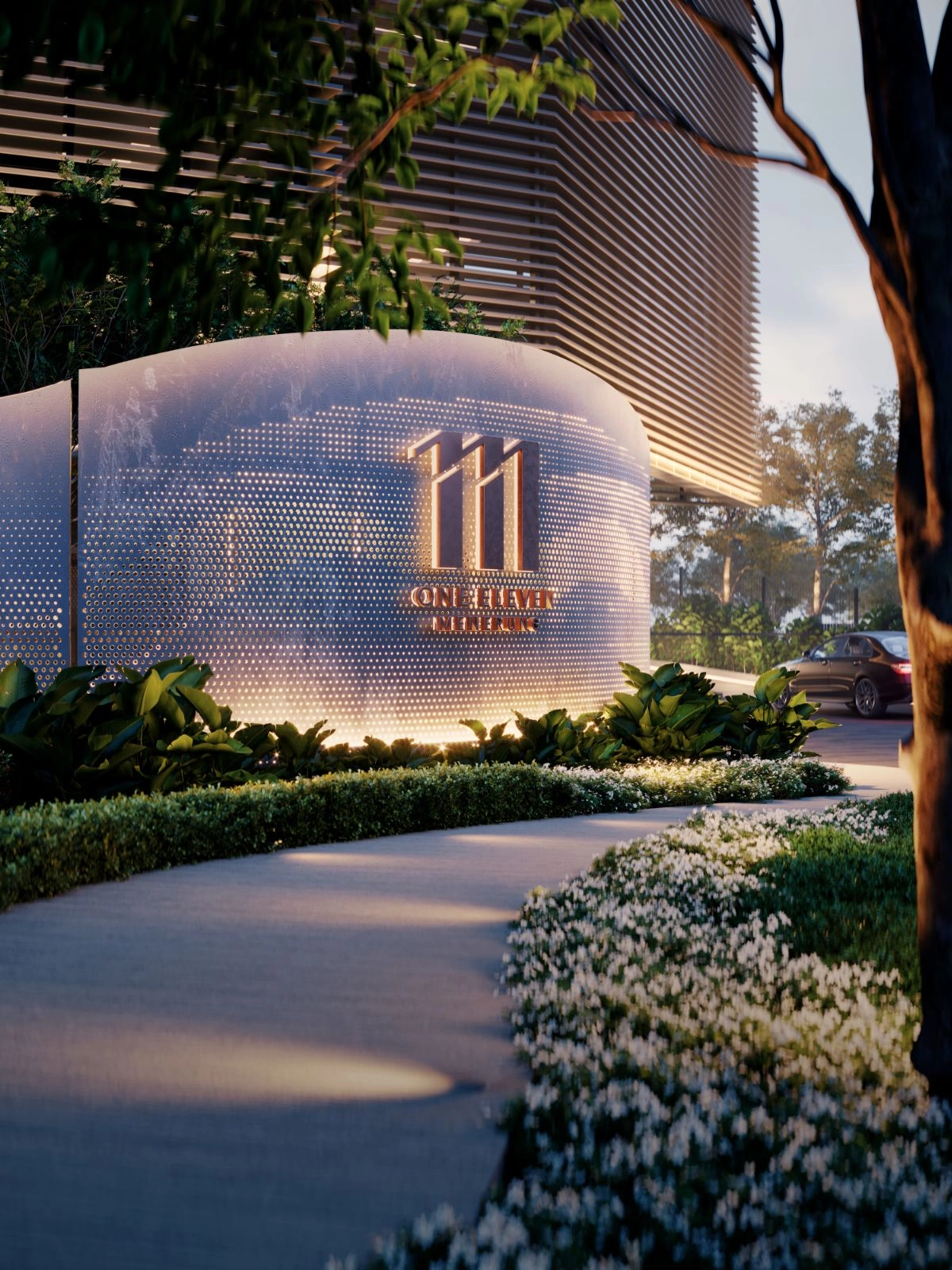 111 Menerung Bangsar entrance signage wall and landscaped drop-off driveway at dusk
