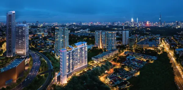 111 Menerung Bangsar 大楼夜景鸟瞰，背景为吉隆坡市中心天际线，图片来自发展商项目资料