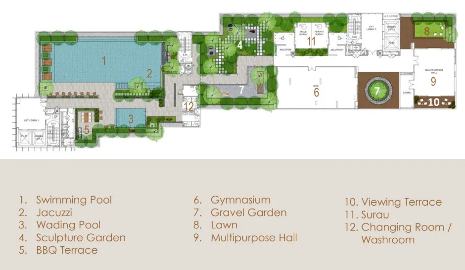 111 Menerung facilities floor layout plan showing swimming pool, jacuzzi, gymnasium, sculpture garden and multipurpose hall in Bangsar, Kuala Lumpur
