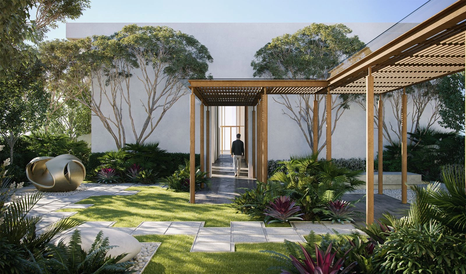 111 Menerung landscaped garden walkway with timber pergola, sculpture feature and covered entrance link in Bangsar, Kuala Lumpur