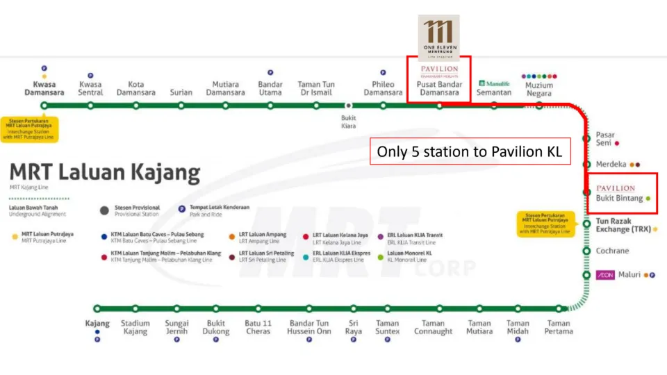 111 Menerung MRT Kajang Line connectivity map showing Pusat Bandar Damansara station, 5 stops to Pavilion Bukit Bintang in Bangsar, Kuala Lumpur