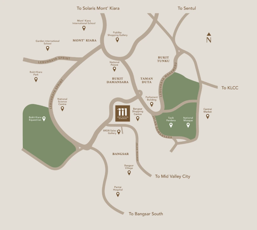 111 Menerung site location map showing surrounding Bangsar, Bukit Damansara and Mont'Kiara landmarks