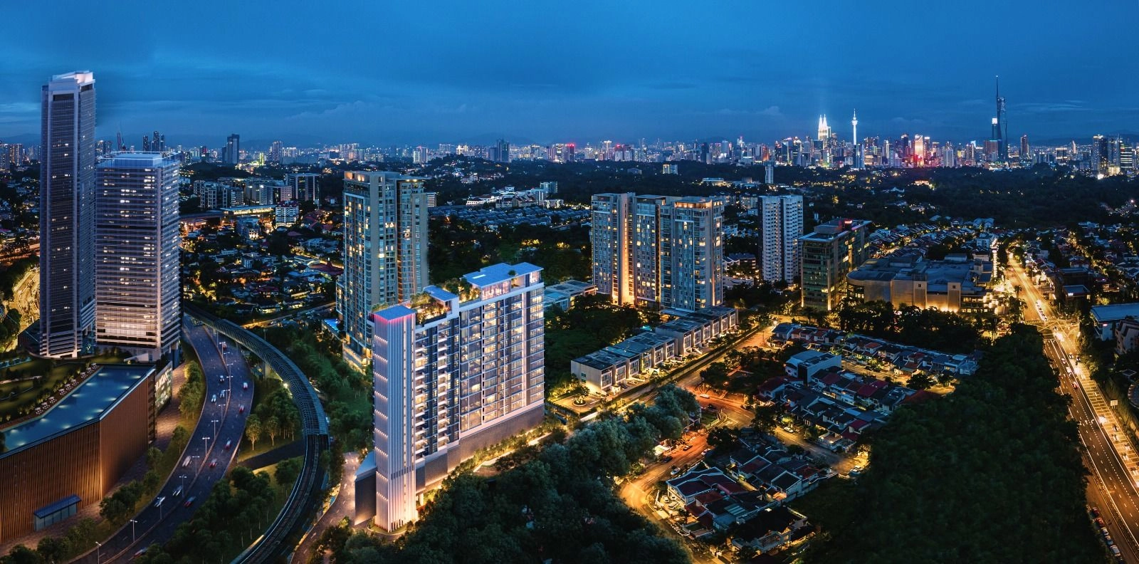 111 Menerung Bangsar tower night aerial view with the Kuala Lumpur city skyline and Petronas Twin Towers in the background