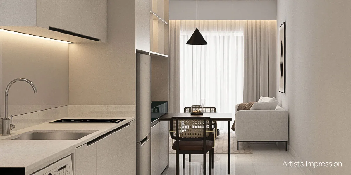 1ush Residence kitchen counter with view into the dining and living area in 168 Park Selayang, Batu Caves, Selangor