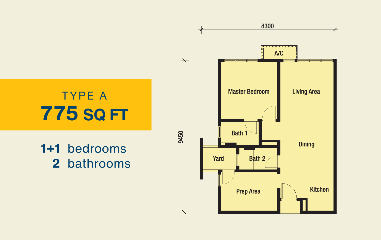 2Rio Residence Type A floor plan, 775 sqft, 1+1 bedrooms 2 bathrooms