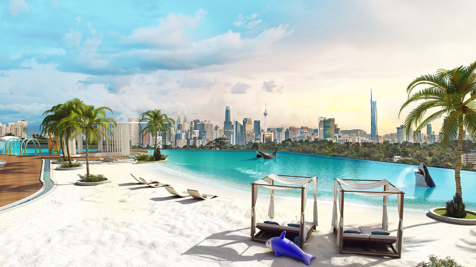 99 Legend Iconic Shark Beach infinity pool with white sand deck and Kuala Lumpur skyline view in Taman Wahyu, Kepong, Kuala Lumpur