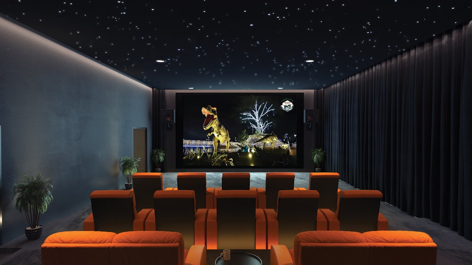 99 Legend Sky Movie Room rooftop cinema lounge with tiered orange seating and starlit ceiling in Taman Wahyu, Kepong, Kuala Lumpur