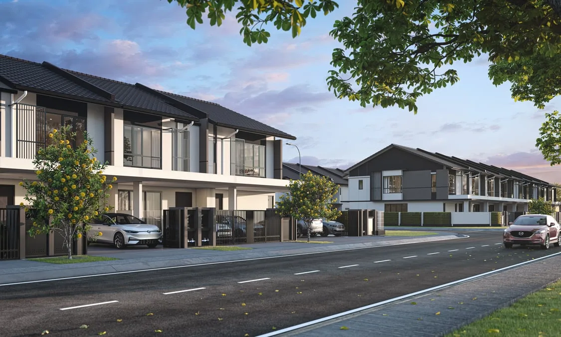 Pandangan jalan barisan rumah teres hakmilik kekal Adira waktu petang, Bandar Bukit Raja 2