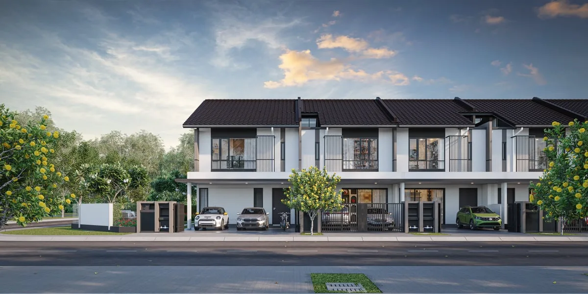 Fasad luar rumah teres 2 tingkat Adira waktu siang, rumah pautan hakmilik kekal Klang