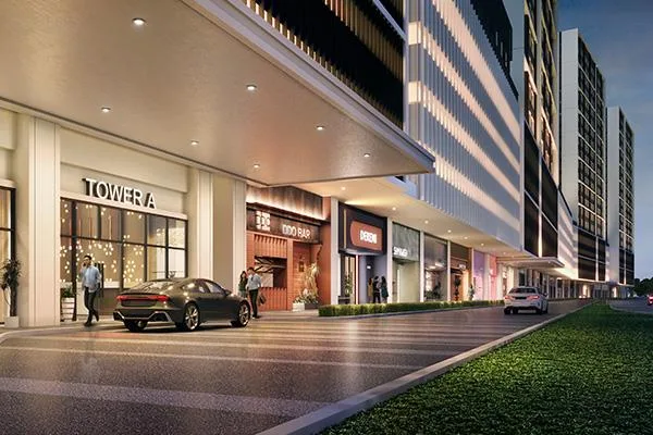Adison (Larkinton Phase 2) / Residensi Laman Hijau Adison Larkinton exterior dusk view of the residential towers above the retail podium, artist's impression in W City Larkinton, Larkin, Johor Bahru, Johor