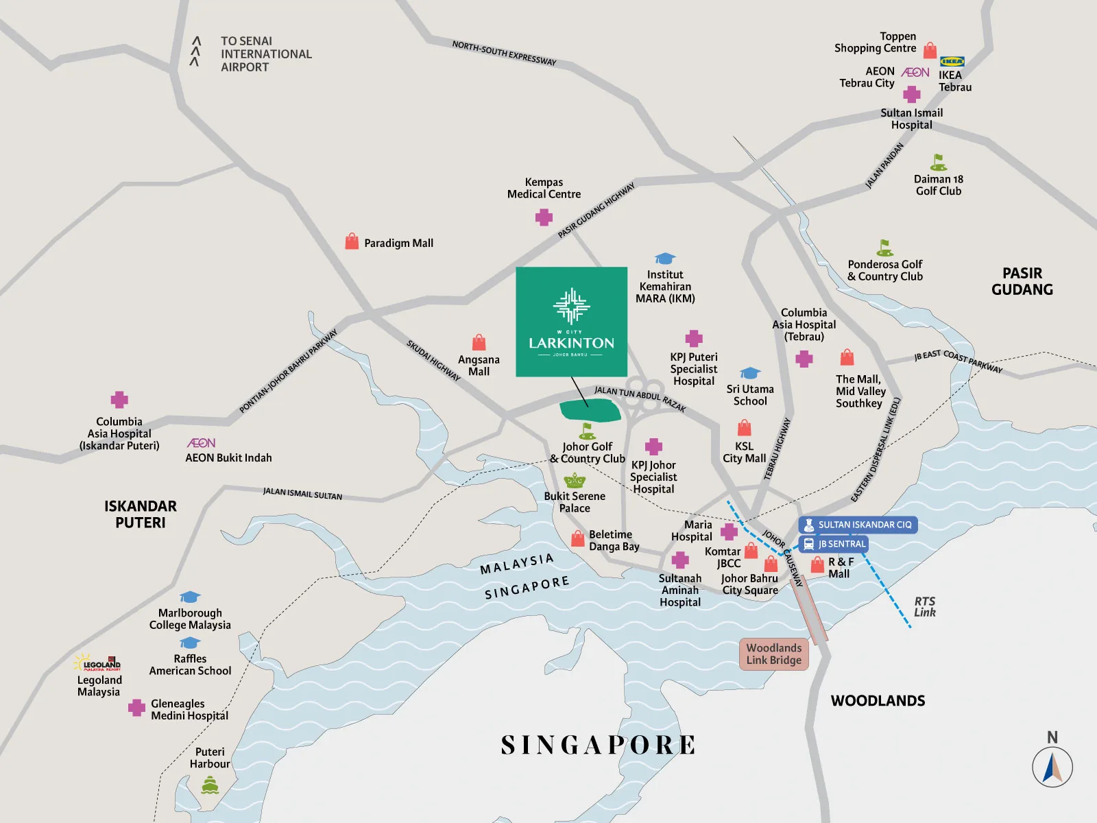 Adison (Larkinton Phase 2) / Residensi Laman Hijau Adison Larkinton location map showing Johor Golf & Country Club, Bukit Serene Palace, Danga Bay and CIQ/JB Sentral in W City Larkinton, Larkin, Johor Bahru, Johor