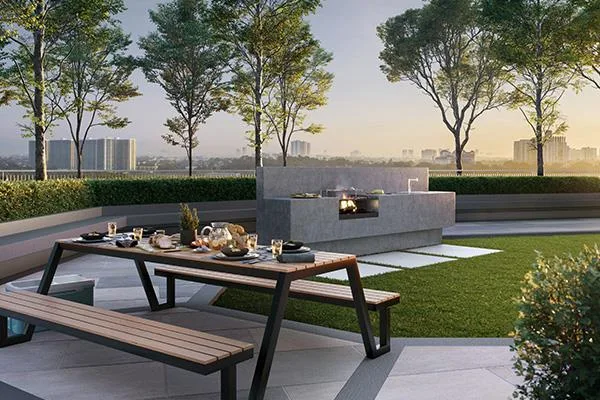 Adison (Larkinton Phase 2) / Residensi Laman Hijau Adison Larkinton rooftop BBQ and dining pavilion with fireplace and city view, artist's impression in W City Larkinton, Larkin, Johor Bahru, Johor