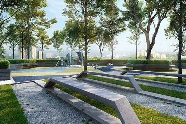 Adison (Larkinton Phase 2) / Residensi Laman Hijau Adison Larkinton rooftop lawn park with a children's playground and city skyline view, artist's impression in W City Larkinton, Larkin, Johor Bahru, Johor
