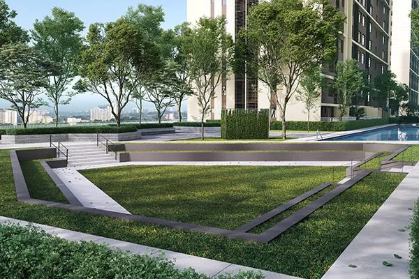 Adison (Larkinton Phase 2) / Residensi Laman Hijau Adison Larkinton swimming pool deck with sun loungers between the residential towers, artist's impression in W City Larkinton, Larkin, Johor Bahru, Johor