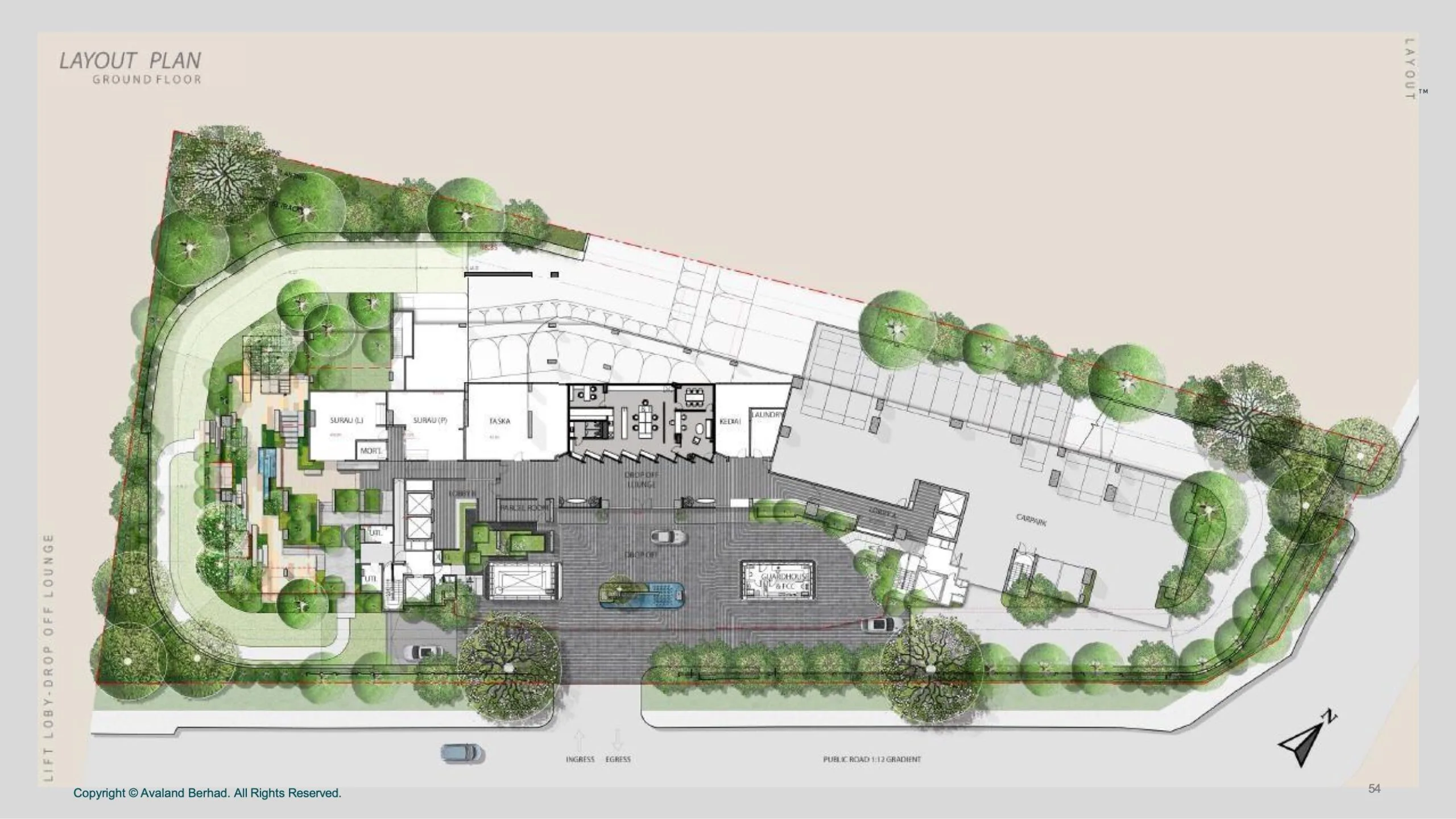 Aetas Seputeh ground floor layout plan showing lobby, drop-off lounge, TASKA, surau, and landscaped grounds