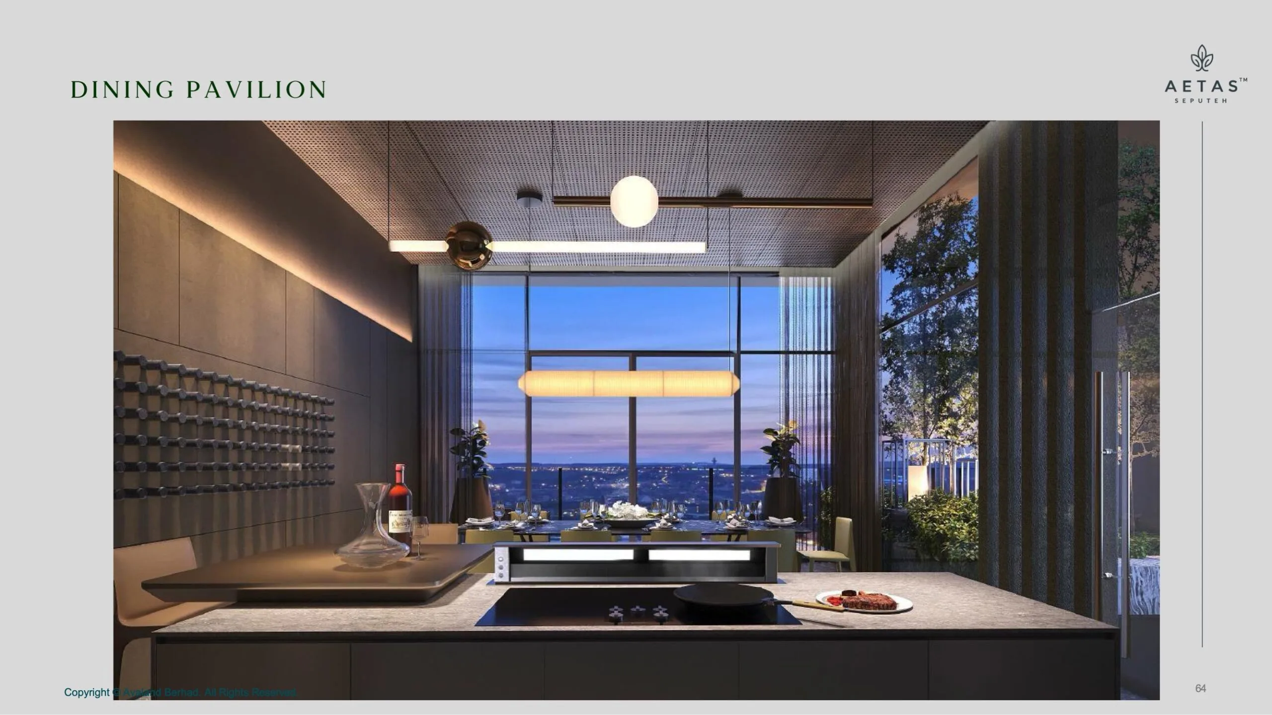 Aetas Seputeh private kitchen and dining pavilion with wine display and city skyline view
