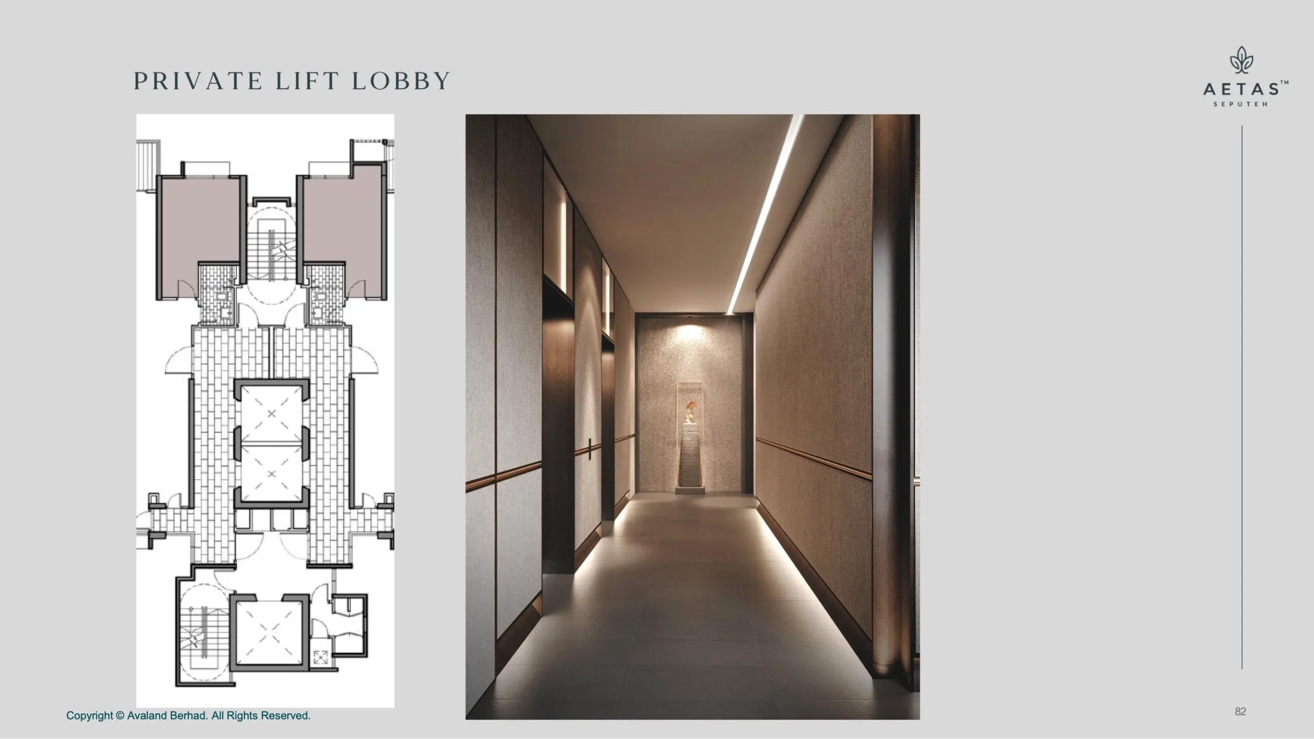 Aetas Seputeh private lift lobby corridor with warm ambient lighting, only 2 units per floor