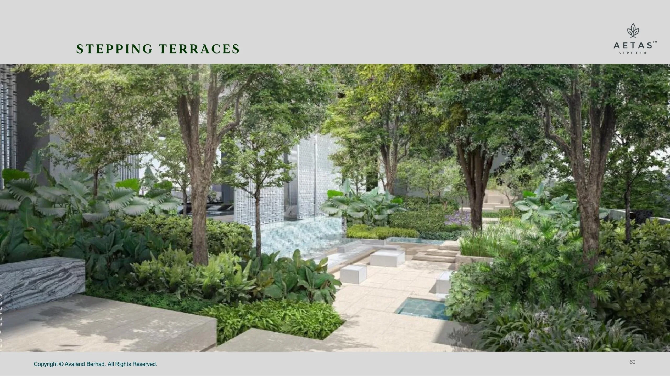 Aetas Seputeh landscaped stepping terraces garden with water feature and lush greenery