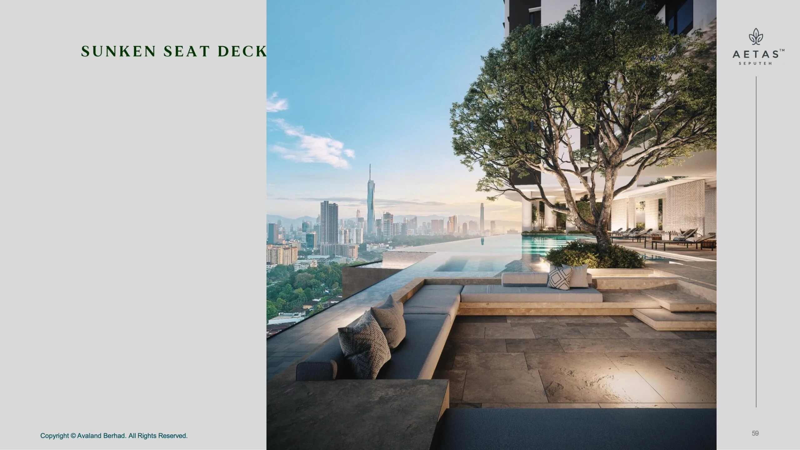 Aetas Seputeh sunken seat deck lounge beside the pool with Kuala Lumpur skyline backdrop
