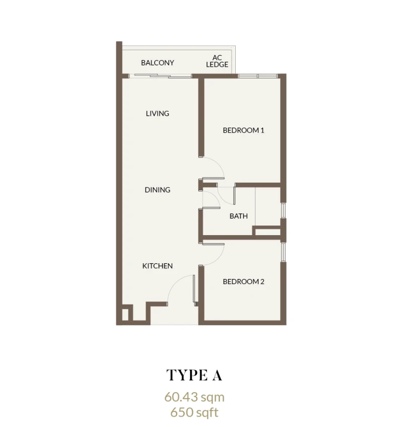 Aethera Residence Type A 戶型圖,650平方尺(2房1衛)
