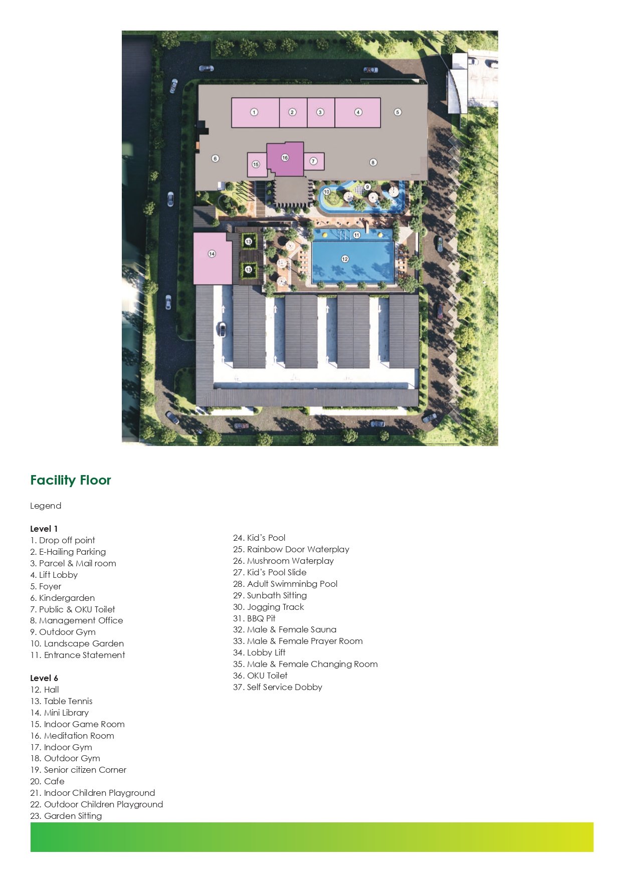 Alamanda Heights facility floor plan showing 37 lifestyle facilities across Level 1 and Level 6 in Seri Kembangan, Selangor