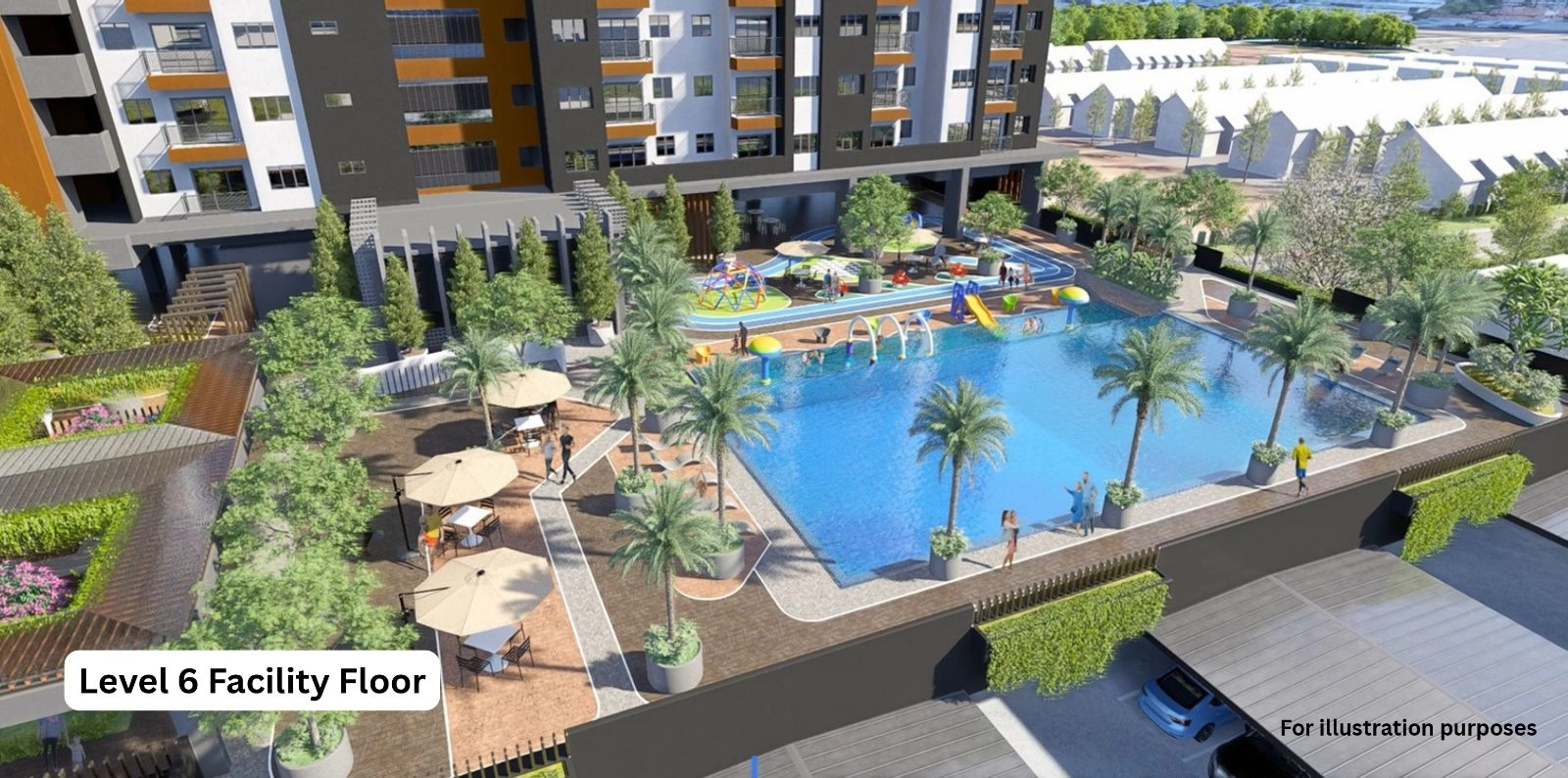 Alamanda Heights level 6 facility floor aerial view — artist impression of the pool deck and playground in Seri Kembangan, Selangor