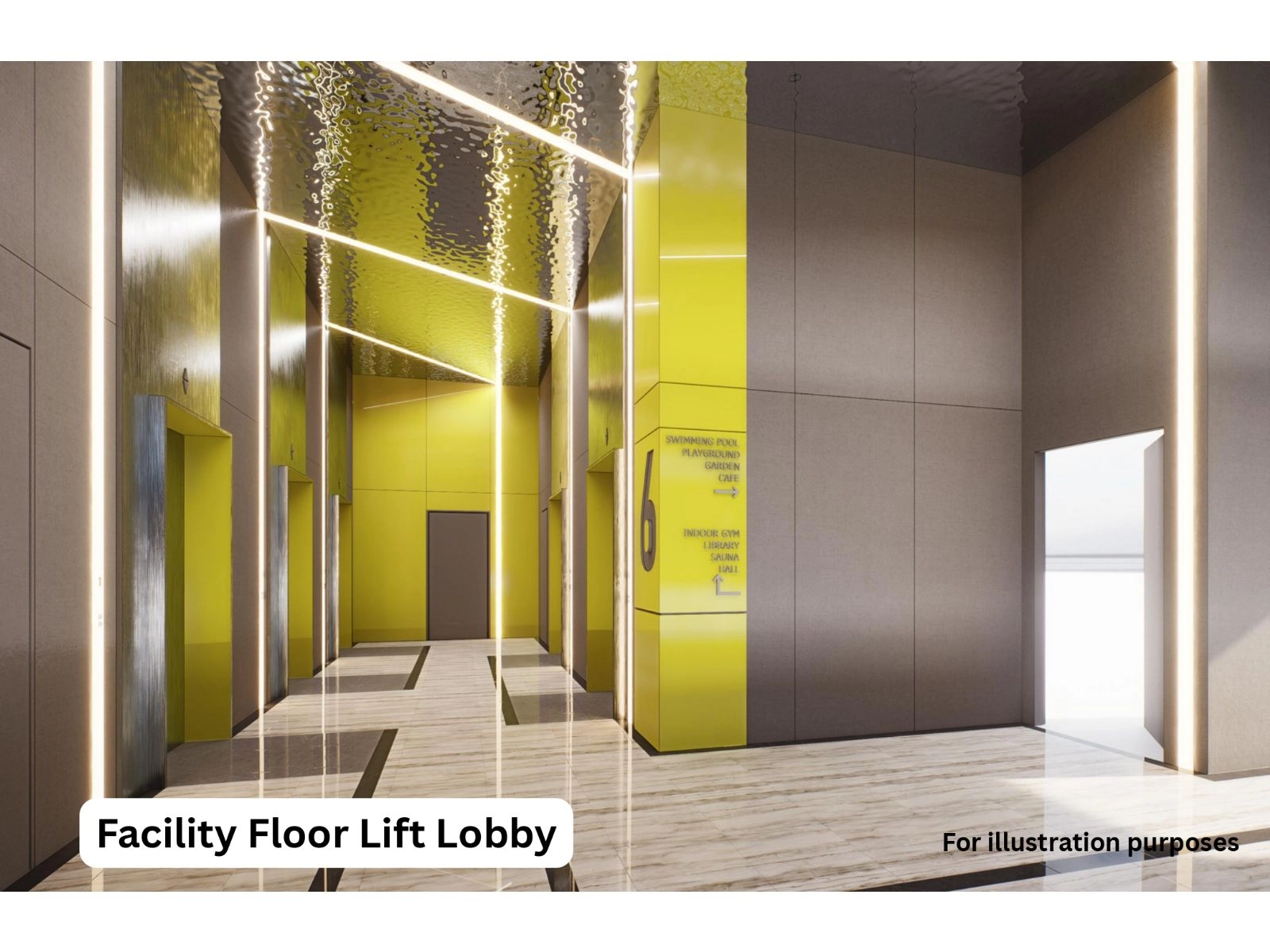Alamanda Heights facility floor lift lobby — artist impression of the level 6 amenity deck landing in Seri Kembangan, Selangor
