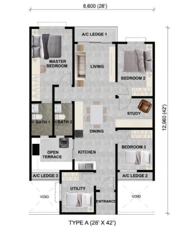Alamanda Heights Type A floor plan, 3+1 bedrooms, 2 bathrooms, 1,050 sqft in Seri Kembangan, Selangor