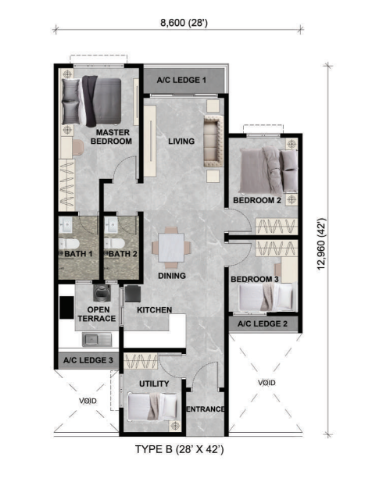 Pelan lantai Jenis B Alamanda Heights, 3+1 bilik 2 bilik air, 971 kaki persegi
