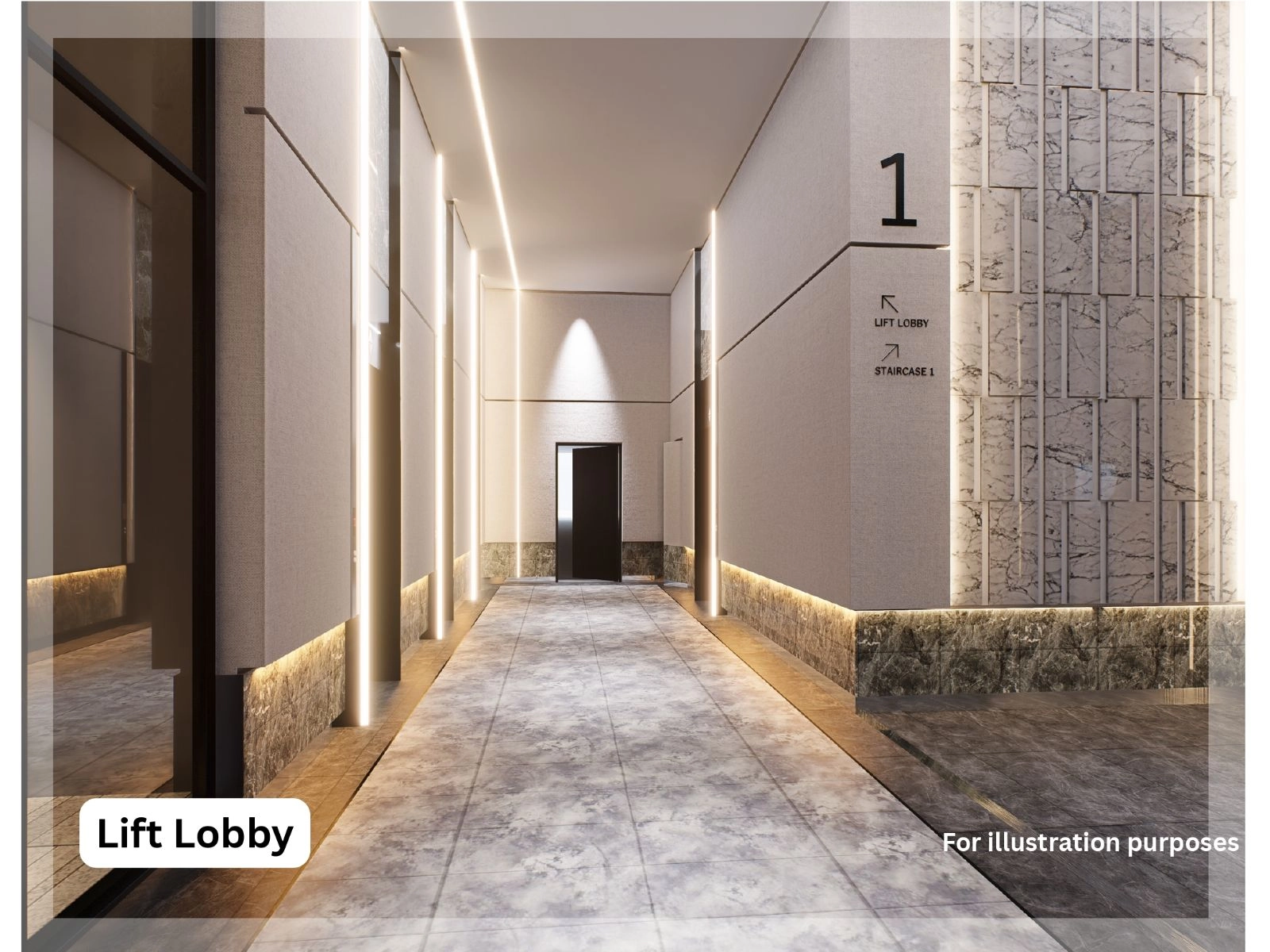 Alamanda Heights lift lobby corridor — artist impression of the residential tower entrance passage in Seri Kembangan, Selangor