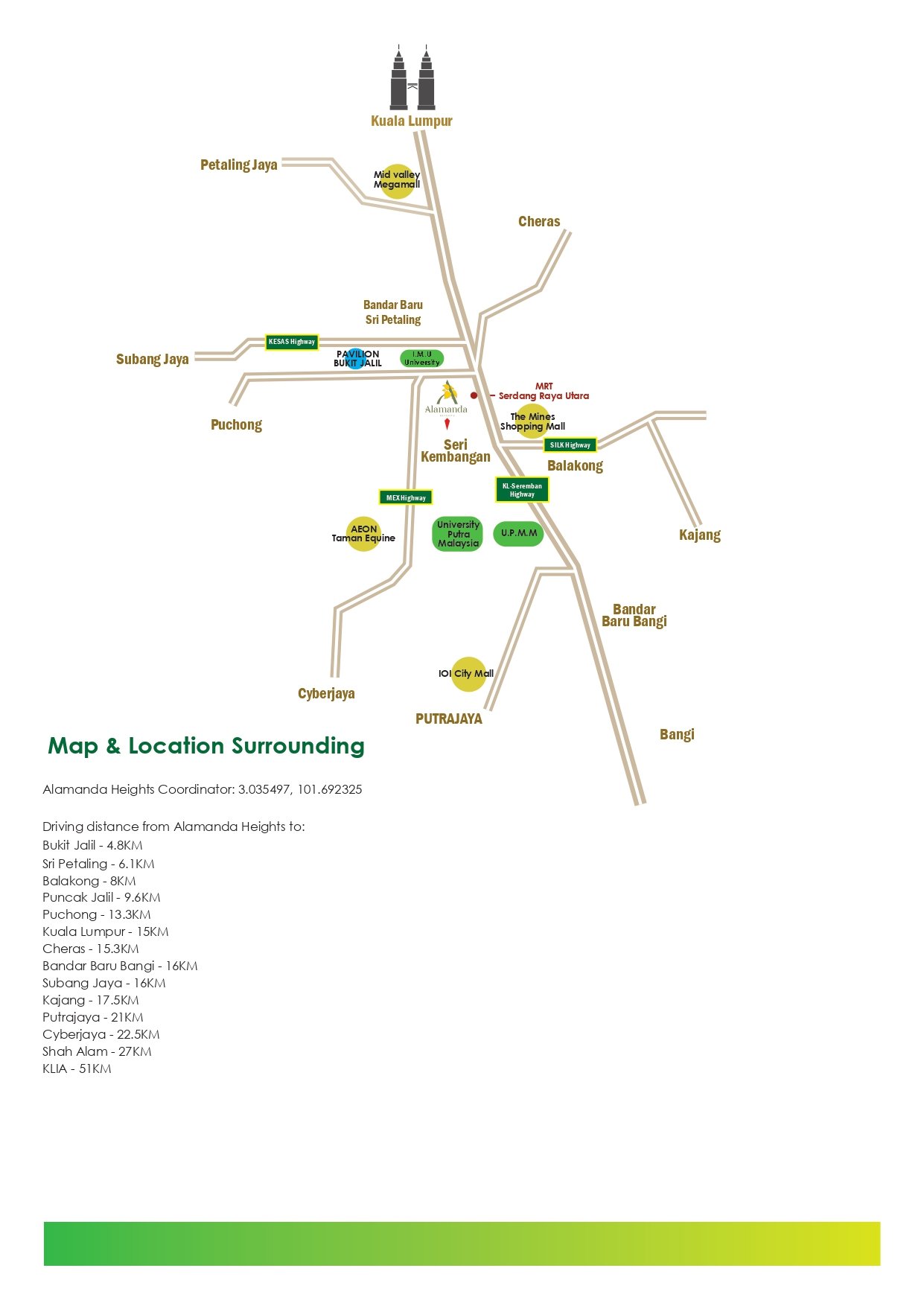 Alamanda Heights location map showing driving distance to Bukit Jalil, Sri Petaling, IOI City Mall and Kuala Lumpur in Seri Kembangan, Selangor