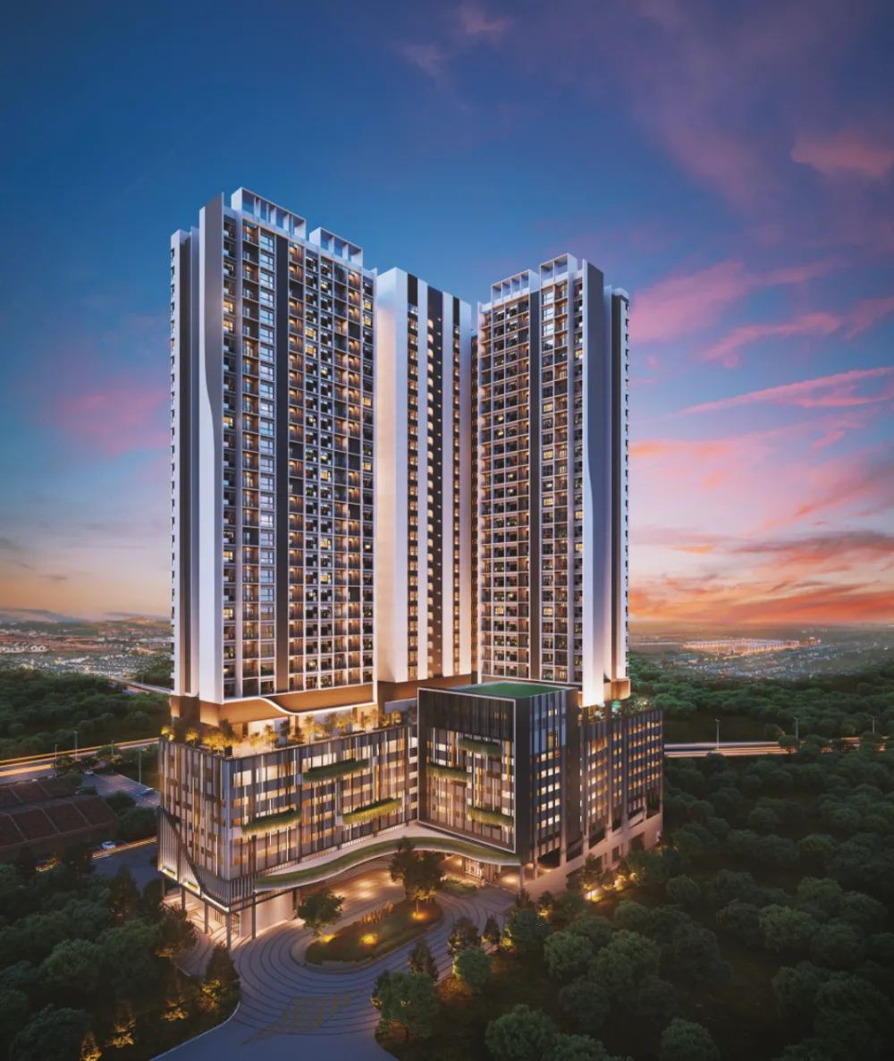 Aliva Mount Austin twin towers aerial twilight view overlooking Johor Bahru in Taman Mount Austin, Tebrau, Johor Bahru, Johor