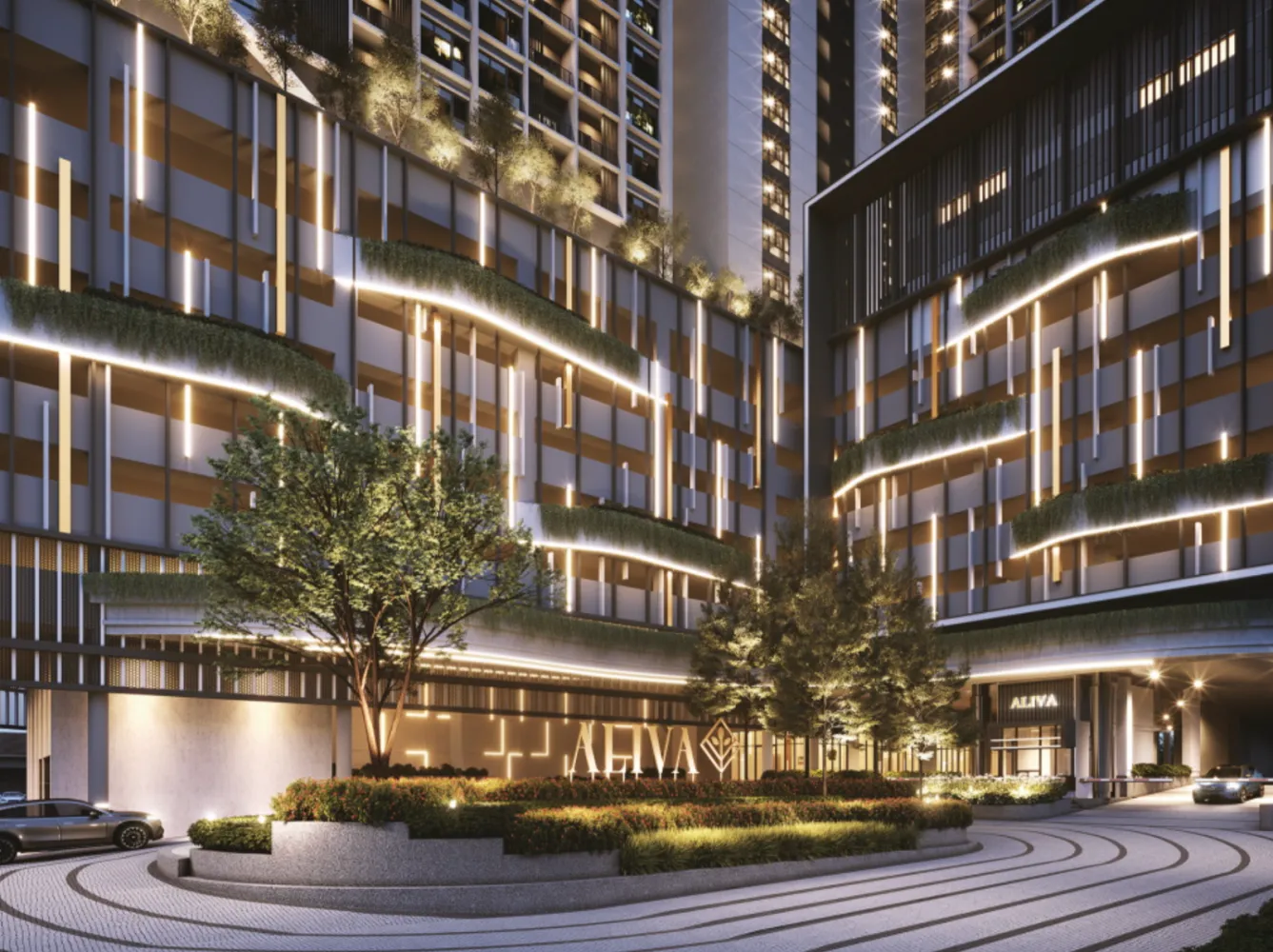 Aliva Mount Austin branded main entrance facade with landscaped driveway in Taman Mount Austin, Tebrau, Johor Bahru, Johor
