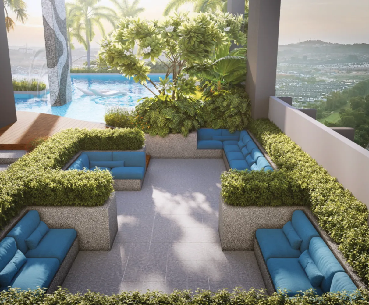 Aliva Mount Austin outdoor lounge seating with pool view in Taman Mount Austin, Tebrau, Johor Bahru, Johor