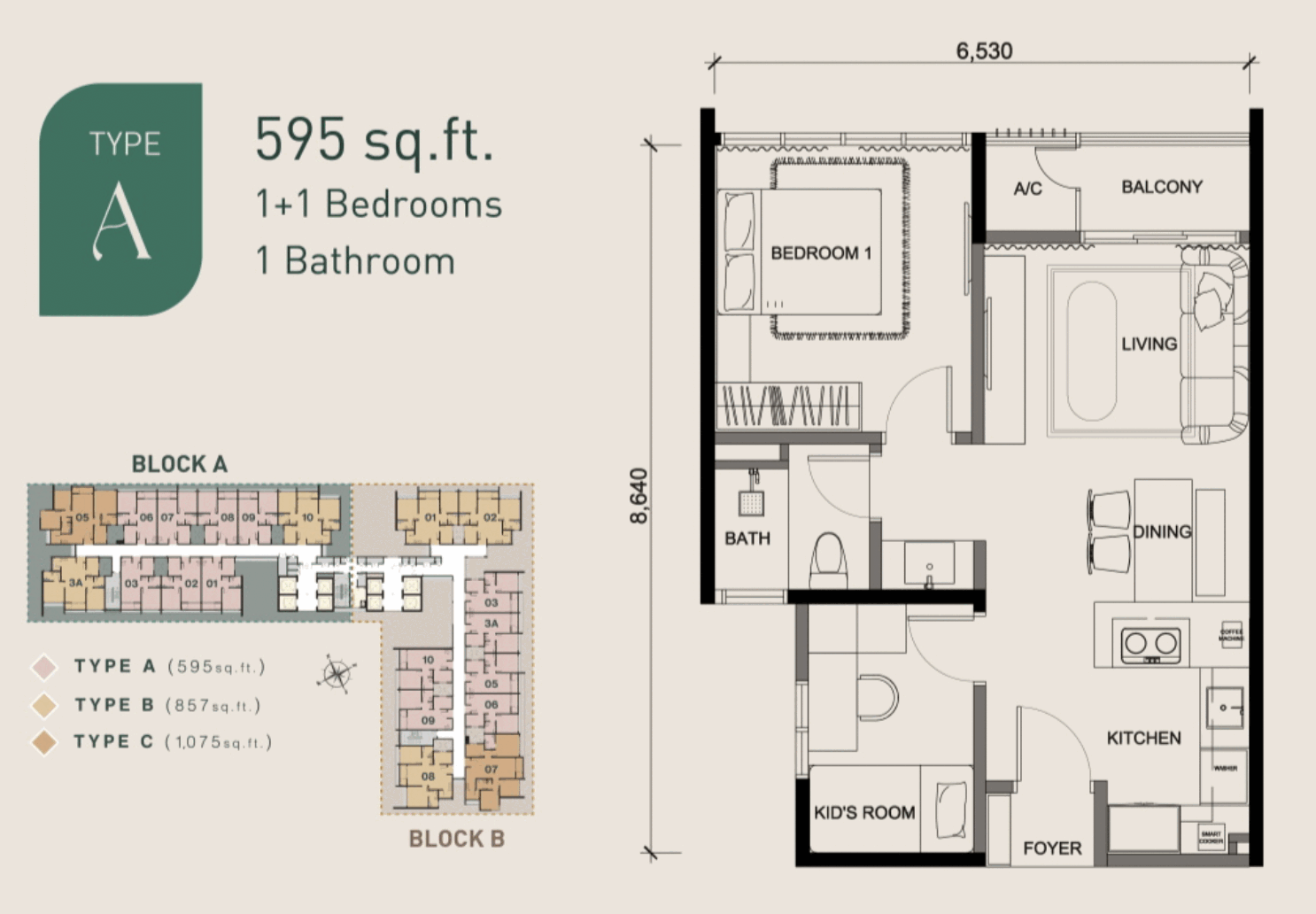 Aliva Mount Austin Type A floor plan, 595 sq ft, 1+1 bedroom 1 bathroom in Taman Mount Austin, Tebrau, Johor Bahru, Johor