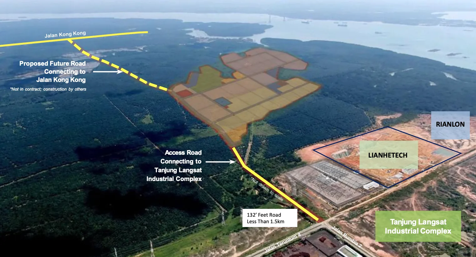 Peta udara Alpha Austin Industrial Park menunjukkan jalan akses 6km ke Pelabuhan Tanjung Langsat dan kilang berdekatan