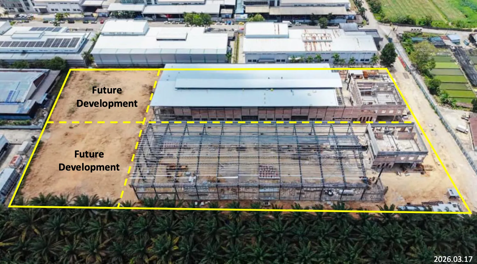 Pembinaan kilang Alpha Austin Industrial Park dengan lapisan sempadan plot pembangunan masa hadapan