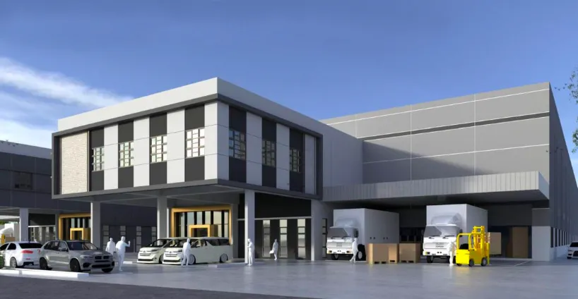 Lakaran sudut kilang siap bina Alpha Austin Industrial Park dengan blok pejabat dan dok muatan