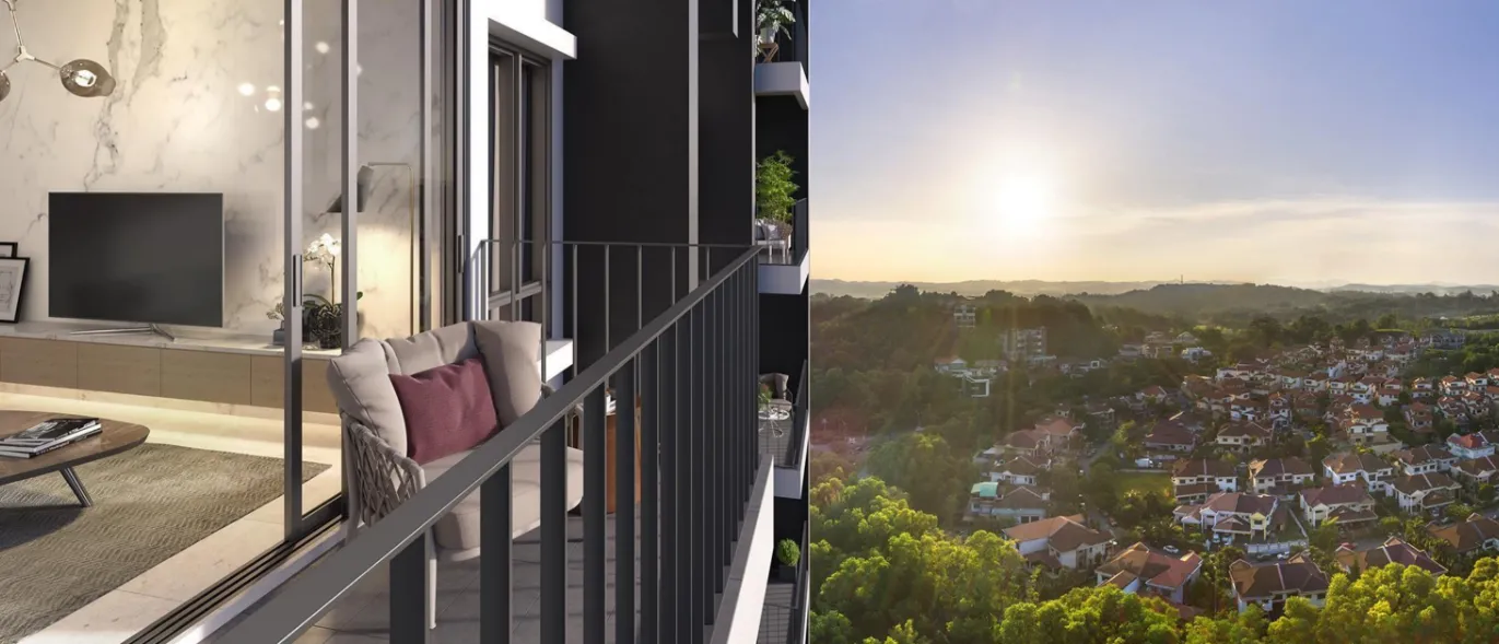Alstonia Hilltop Homes living room balcony with hilltop resort view over Bukit Rahman Putra township in Sungai Buloh, Selangor