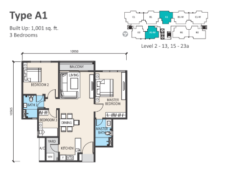 Alstonia Hilltop Homes Type A1 floor plan, 1,001 sqft, 3 bedrooms 2 bathrooms in Sungai Buloh, Selangor