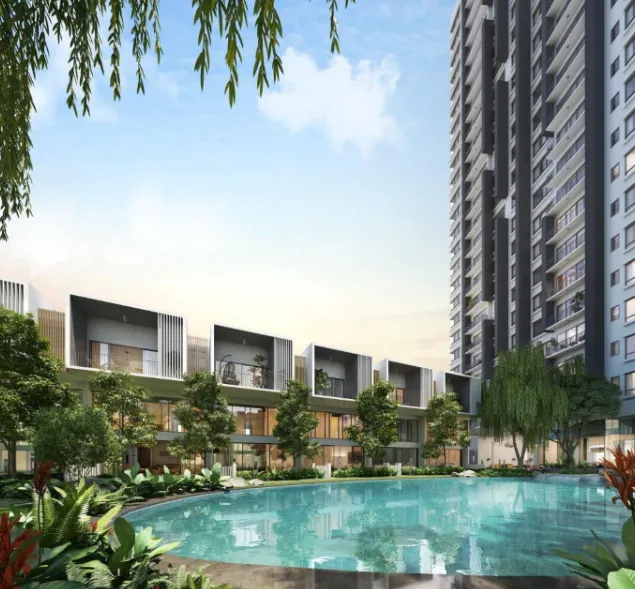 Alstonia Hilltop Homes resort-style swimming pool fronting the Garden Villas and condo tower in Sungai Buloh, Selangor