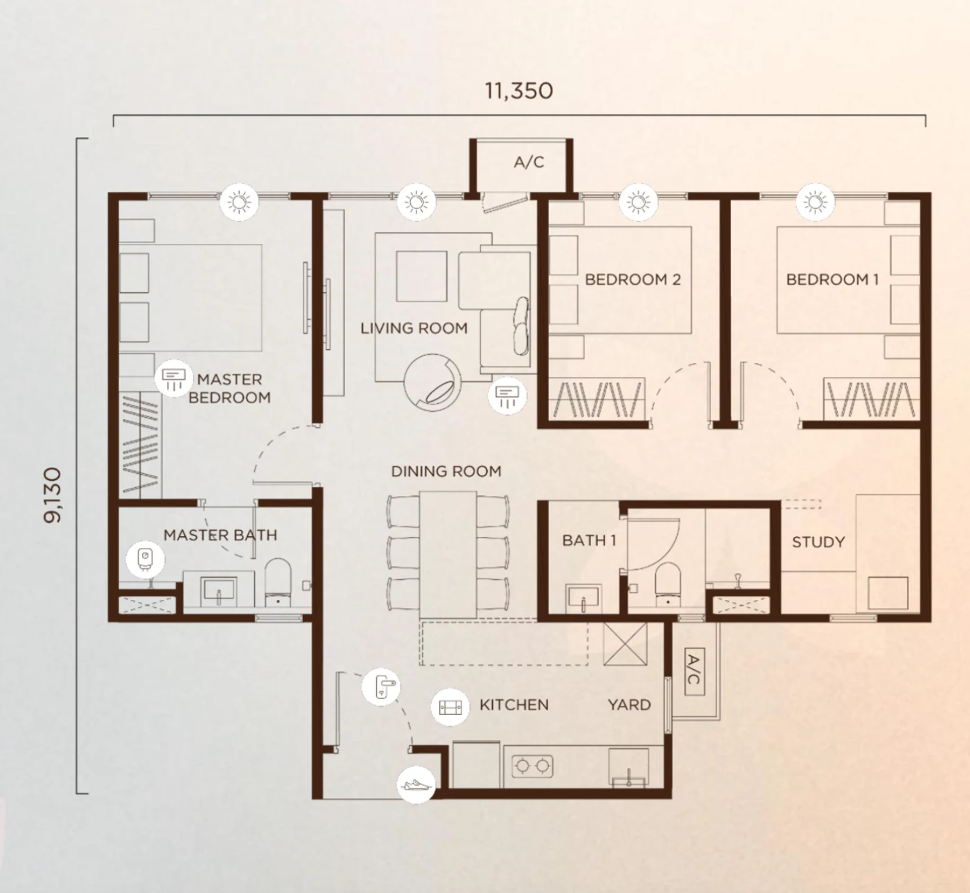 Amberwood Resort Residence C型户型图，872平方尺，3+1房2卫