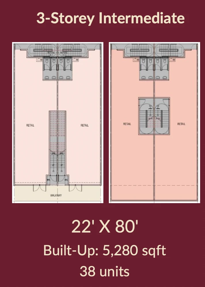 Amora Boulevard 3层中间店铺户型图，22尺x80尺，建筑面积5,280平方尺