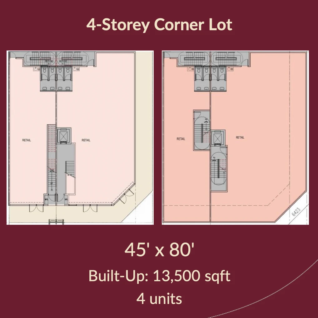 Amora Boulevard 4层角间店铺户型图，45尺x80尺，建筑面积13,500平方尺