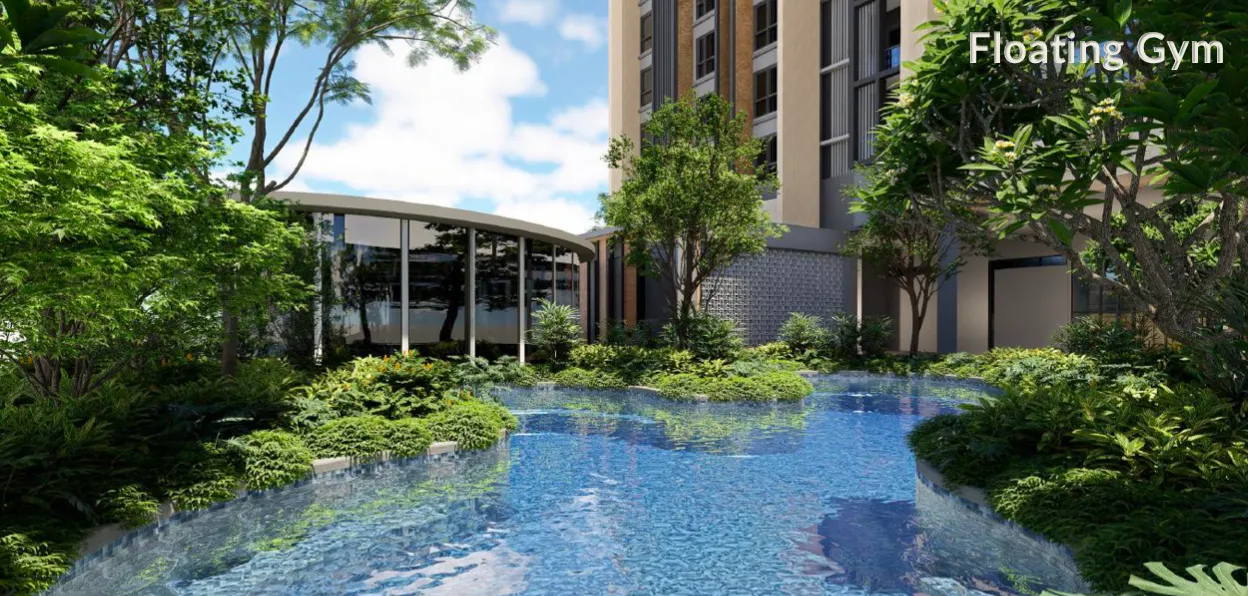 Kolam infiniti 50m Amora Park dengan kerusi santai dan pondok tepi kolam