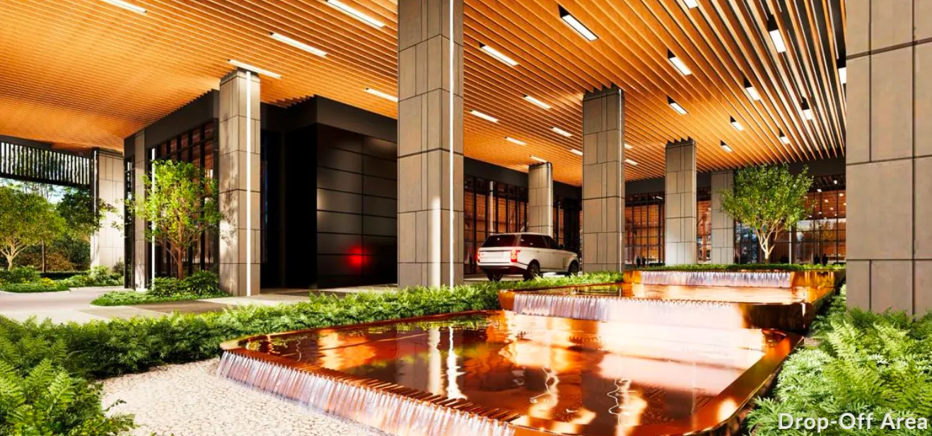 Fasad pintu masuk utama dan lobi Amora Serviced Residence, Johor Bahru