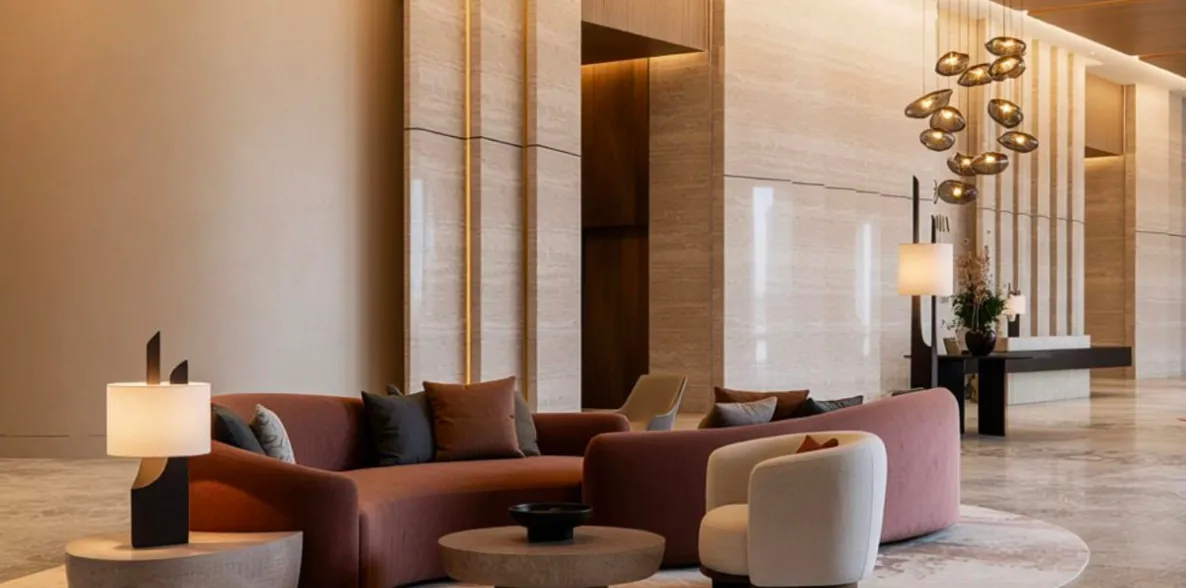 Penerimaan lobi utama Amora Serviced Residence dengan papan tanda, Johor Bahru