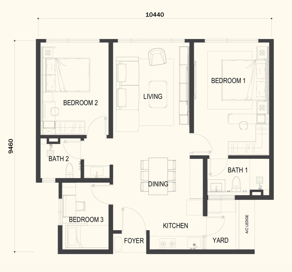 Amora Serviced Residence A1型户型图,990平方尺,3房